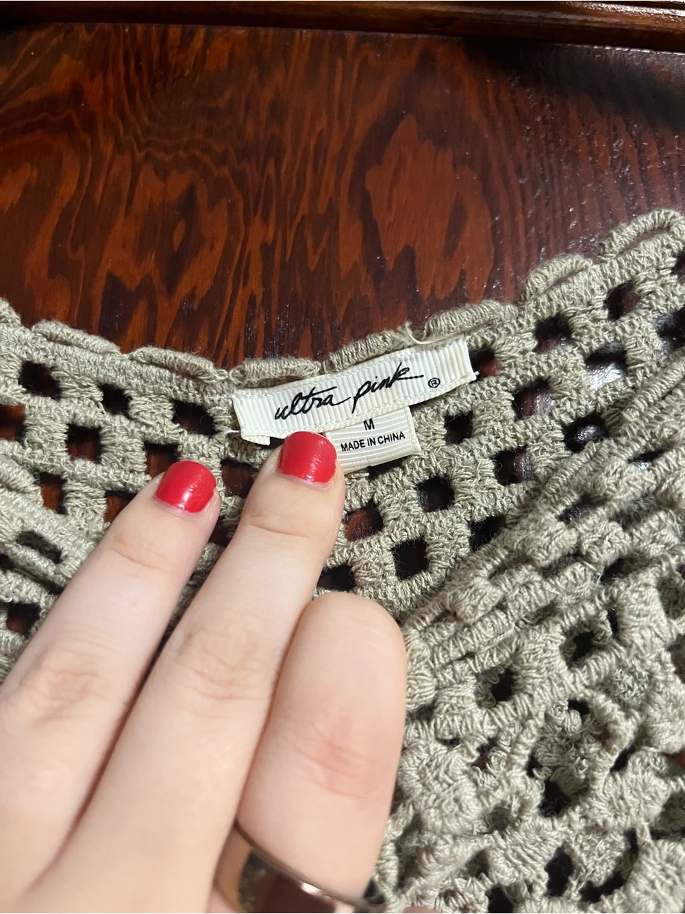 Ultra Pink Crochet Off-the-Shoulder Sweater in Light Sage Green - Picture 2 of 3